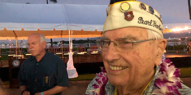 Herb Elfring, 97, of Jackson, Mich. attends the ceremonies at Pearl Harbor, Hawaii on Saturday, Dec. 7, 2019. Elfring survived the attack on Pearl Harbor as a soldier in the California National Guard’s 251st Coast Artillery. (AP Photo/Audrey McAvoy)