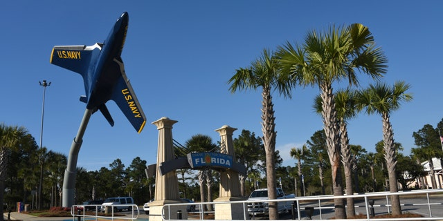 Welcome to Florida, the first rest stop on Highway 10 has a Blue Angel US Navy Jet on display March 19, 2019 Highway 10, Pensacola , Florida - file photo.