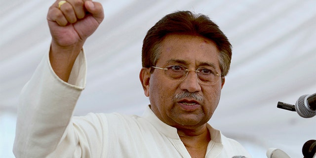 In this 2013 file photo, Pakistan's former President and military ruler, Pervez Musharraf, addresses his party supporters at his house in Islamabad, Pakistan.