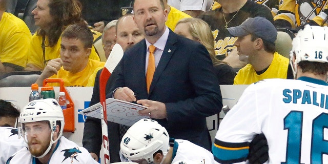 FILE - In this Monday, May 30, 2016 file photo, San Jose Sharks head coach Peter DeBoer watches action from the bench during the first period in Game 1 of the Stanley Cup final against the Pittsburgh Penguins series in Pittsburgh. The San Jose Sharks have fired coach Peter DeBoer, a person with direct knowledge of the move said, Wednesday, Dec. 11, 2019. The person spoke to The Associated Press on condition of anonymity because the firing hadn't been formally announced. (AP Photo/Keith Srakocic, File)