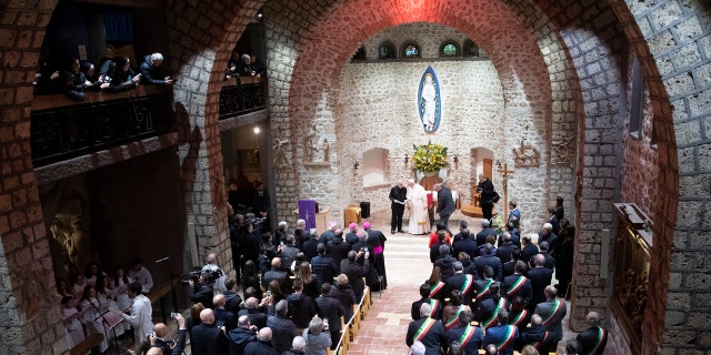 Pope Francis visits the sanctuary of Greccio, Italy, Sunday, Dec. 1, 2019. (AP Photo/Alessandra Tarantino)