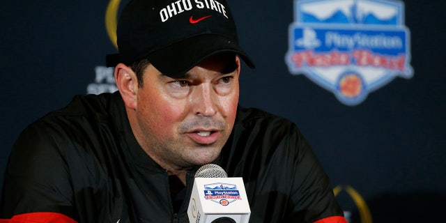 Ohio State coach Ryan Day speaking during a news conference after Clemson's 29-23 win in the Fiesta Bowl NCAA college football playoff semifinal Saturday. (AP Photo/Ross D. Franklin)