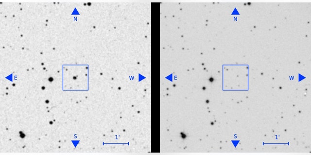 A source visible in an old plate (left, seen as the bright source at the centre of the square) has disappeared in a later plate (right). From Villarroel et al. (2019). (Credit: Villarroel et al. (2019)