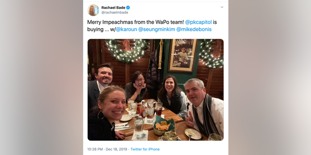 A screen capture shows Rachael Bade's "Impeachmas" celebration post, which has since been deleted.