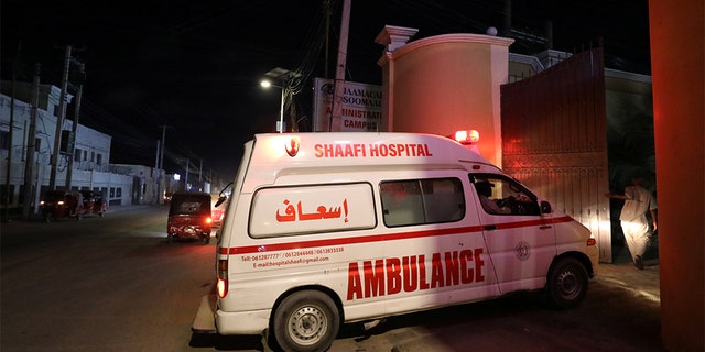 An ambulance carrying an injured person from an attack by Al-Shabab gunmen on a hotel near the presidential residence arrives to the Shaafi hospital in Mogadishu, Somalia December 10, 2019. (REUTERS/Feisal Omar)​​​​​​​