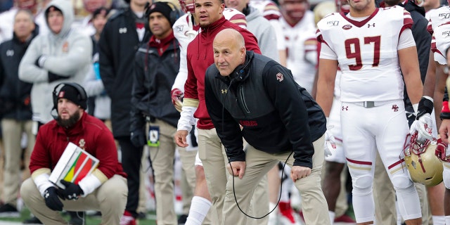 Boston College head coach Steve Addazio watches his team from the sideline as his team played against Notre Dame during the first half of an NCAA college football game in South Bend, Ind., Saturday, Nov. 23, 2019. Notre Dame defeated Boston College 40-7. (AP Photo/Michael Conroy)