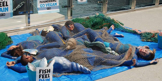 PETA activists don body paint, impersonate dead fish to ...