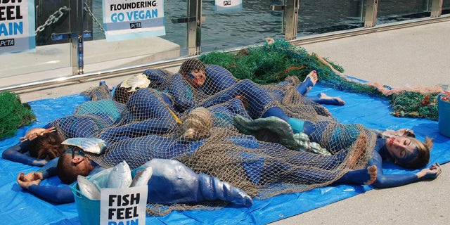 PETA activists don body paint, impersonate dead fish to ...