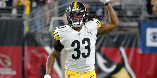 Dec. 8, 2019: Pittsburgh Steelers running back Trey Edmunds (33) gestures during an NFL football game against the Arizona Cardinals, in Glendale, Ariz. Ferrell and Felicia Edmunds can't lose. (AP Photo/Rick Scuteri)