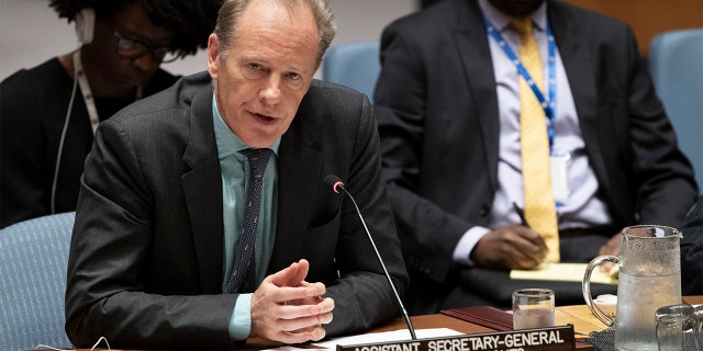 In this June 14, 2019, photo provided by the United Nations, Andrew Gilmour, assistant secretary-general for human rights, addresses the Security Council meeting on the situation in Sudan and South Sudan at U.N. headquarters. (Evan Schneider/United Nations via AP)