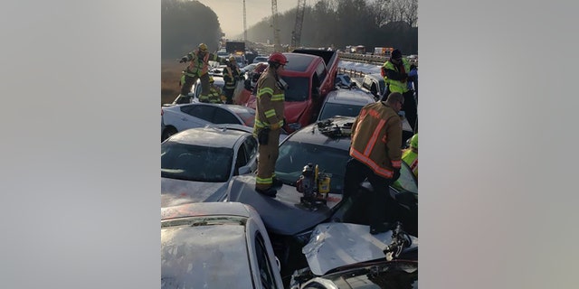 First responders were forced to walk across the wreckage on the roofs of vehicles.