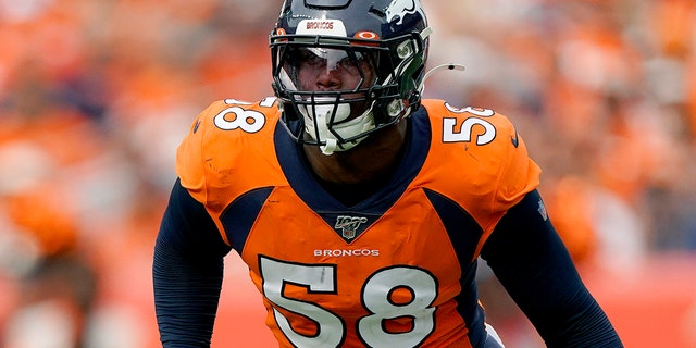 FILE - In this Sunday, Sept. 15, 2019 file photo, Denver Broncos outside linebacker Von Miller (58) lines up against the Chicago Bears during the second half of an NFL football game in Denver. (AP Photo/Jack Dempsey, File)