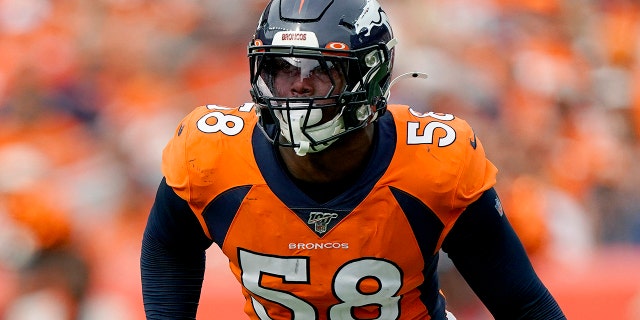In this Sept. 15, 2019 file photo, Denver Broncos outside linebacker Von Miller (58) lines up against the Chicago Bears during the second half of a game in Denver. (AP Photo/Jack Dempsey)