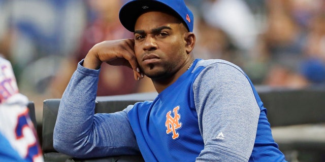 New York Mets' Yoenis Cespedes looks on as his team play the San Diego Padres during the first inning of a baseball game in New York, July 24, 2018. (Associated Press)