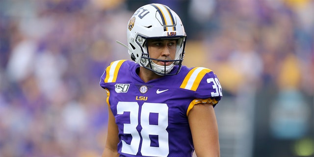 BATON ROUGE, LOUISIANA - SEPTEMBER 14: Zach Von Rosenberg #38 of the LSU Tigers reacts during a game against the Northwestern State Demons at Tiger Stadium on September 14, 2019