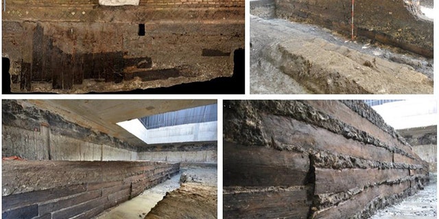 Some of the oak planks in situ in the foundation of the portico. (Credit: Bernabei at al., 2019)