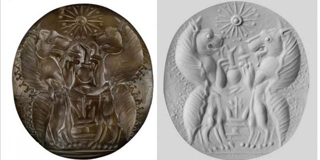 UC archaeologists found a sealstone made from semiprecious carnelian in the family tombs at Pylos, Greece. The sealstone was engraved with two lionlike mythological figures called genii carrying serving vessels and incense burners facing each other over an altar and below a 16-pointed star. The other image is a putty cast of the sealstone. (University of Cincinnati Classics Department)