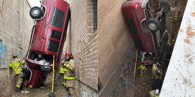 Heavy rescue crews were called in due to the vehicle's position and "stability" concerns.