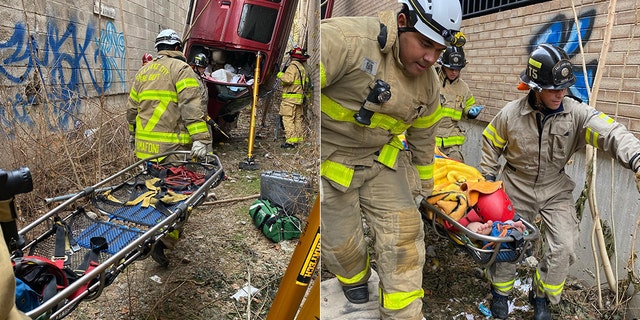 Fire officials were called to the scene after the van was driven off the parking deck just before 1 p.m. near downtown Salt Lake City.