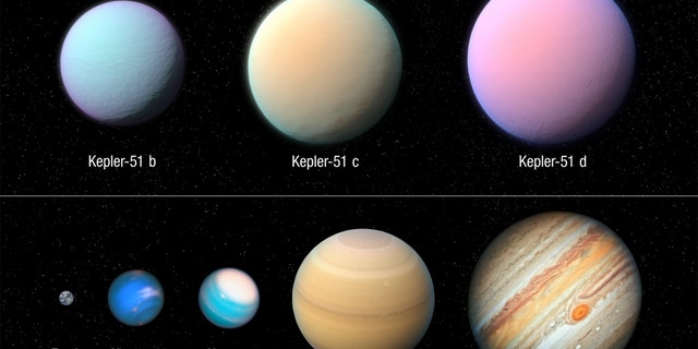 Kepler 51's three planets compared to the size of planets from our solar system. (Credit: NASA/ESA/STScI)