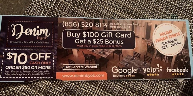 The coupon offering $10 off of cash-only orders $50 and publicizing a gift card deal is said to have been mailed to over 30,000 homes in the Haddonfield and Cherry Hill areas