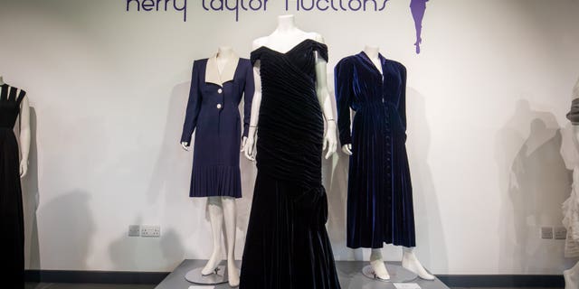 Princess Diana's iconic 'Travolta Dress' (center) at Kerry Taylor Auctions.