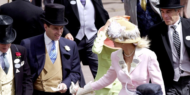 Prince Andrew, The Duke Of York and Jeffrey Epstein (far right) At Ascot. With them are Edward (far left) and Caroline Stanley (in pink), the Earl and Countess of Derby.