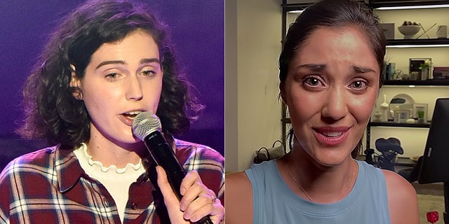 Peloton’s controversial new holiday commercial, pictured right, has officially earned internet stardom and been trolled by comedian Eva Victor, pictured left.