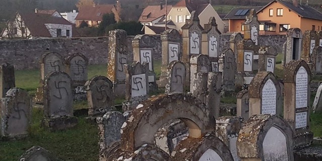 Swastikas were spray-painted onto tombstones at a cemetery in Westhoffen, France this week.