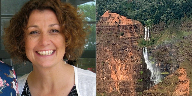 Amy Gannon, 47, in 2018. Photo right shows a waterfall on the Na Pali Coast on the island of Kauai in Hawaii.