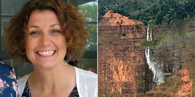 Amy Gannon, 47, in 2018. Photo right shows a waterfall on the Na Pali Coast on the island of Kauai in Hawaii.