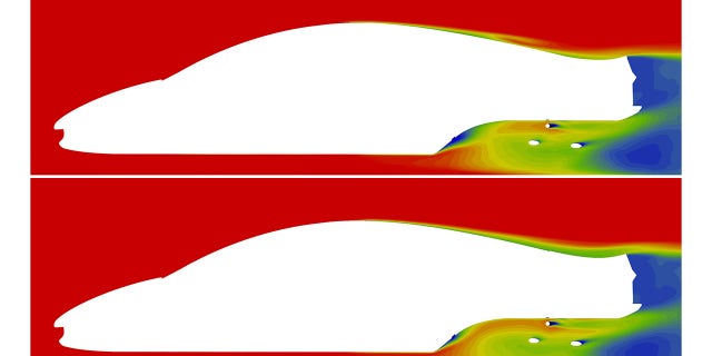Pressure plots show the difference in airflow when the fan is off (top) and on (bottom).