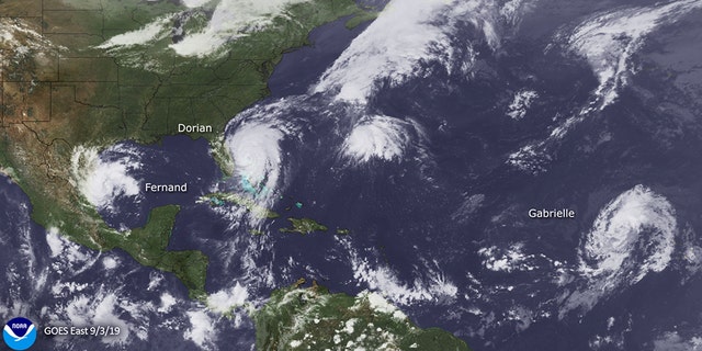 Hurricane Dorian can be seen churning off the southeast coast of the U.S. on Sept. 3, 2019, in this satellite photo.