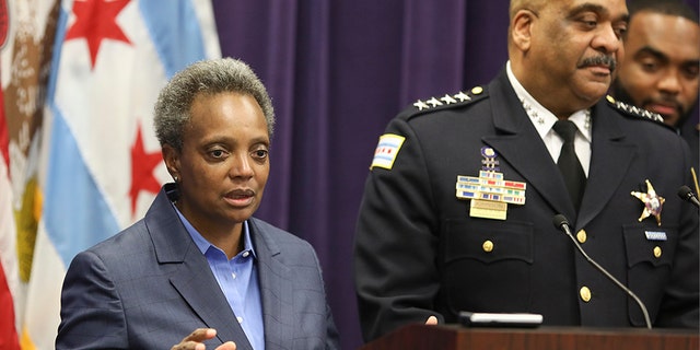 In this Nov. 7 file photo, Mayor Lori Lightfoot speaks as Chicago Police Superintendent Eddie Johnson announces his retirement after more than three years leading the department in Chicago. (AP)