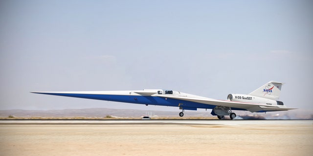 Illustration of the completed X-59 QueSST landing on a runway. (Credit: Lockheed Martin)