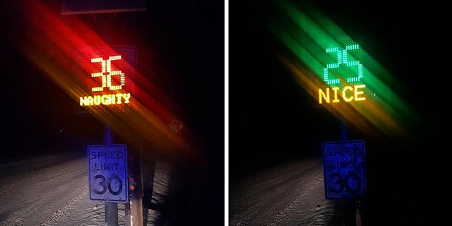 This pair of Dec. 17, 2019, photos provided by Adam Woodell of the Chester Police Department show radar speed signs illuminated with "NAUGHTY" and "NICE" while being tested in Chester, Vt. A car's speed is displayed with red numbers for speeders and green numbers for those following the speed limit. (Adam Woodell/Chester Police Department via AP)