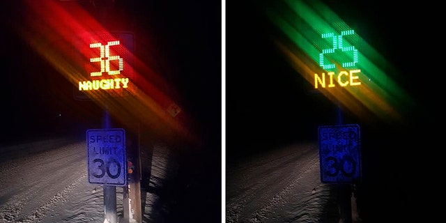 This pair of Dec. 17, 2019, photos provided by Adam Woodell of the Chester Police Department show radar speed signs illuminated with "NAUGHTY" and "NICE" while being tested in Chester, Vt. A car's speed is displayed with red numbers for speeders and green numbers for those following the speed limit. (Adam Woodell/Chester Police Department via AP)