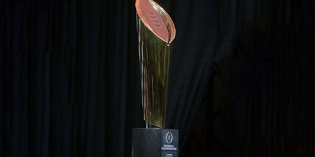 Jan 8, 2019; San Jose, CA, USA; Detailed view of the 2019 College Football Playoff championship trophy at a press conference at the San Jose McEnery Convention Center. Clemson defeated Alabama 44-16 to win its second national title in three years. Mandatory Credit: Kirby Lee-USA TODAY Sports - 11961694