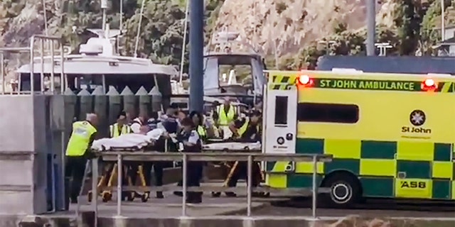 In this image made from video, injured from White Island volcanic eruption are ferried into waiting ambulances in Whakatane, New Zealand, Monday, Dec. 9, 2019. (Katee Shanls/NZME via AP)