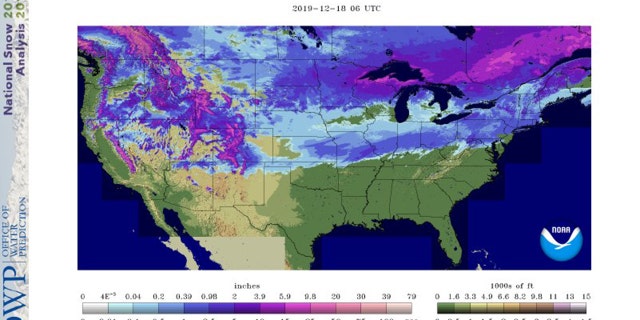 Estimated satellite derived snow cover across the U.S. as of Dec. 18, 2019.