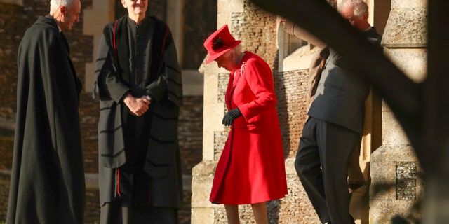Queen Elizabeth II arrives for Christmas Mass at St Mary Magdalene Church at Sandringham in Norfolk, England, on December 25, 2019.