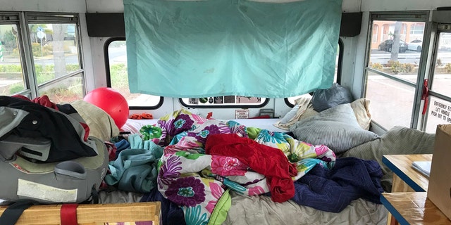 Inside of an old school bus that Andrea Kerins and her three young children were living out of in Gulfport, Florida.