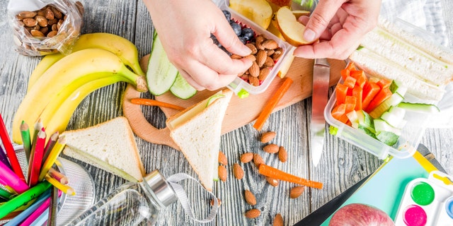 A mom is shown preparing a school lunch box set including sandwich, with cucumber, carrot, nuts, fruits and vegetable 