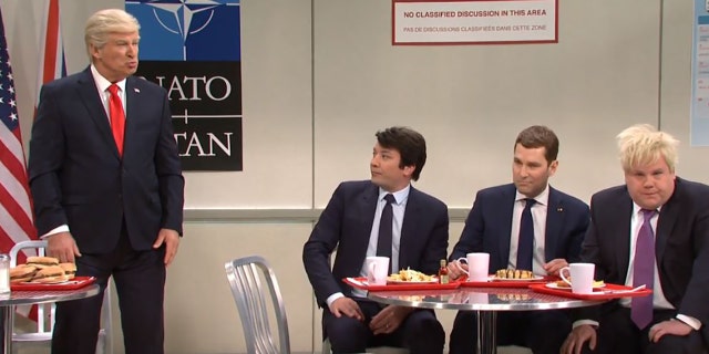 From left, Alec Baldwin, Jimmy Fallon, Paul Rudd and James Corden play world leaders at last week's NATO summit on 