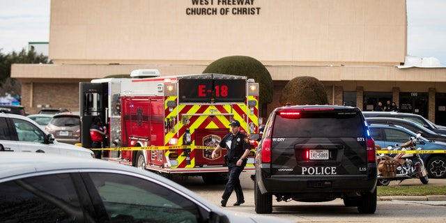 Police and fire departments surround the scene of a shooting at West Freeway Church of Christ in White Settlement, Texas, Sunday, Dec. 29, 2019.