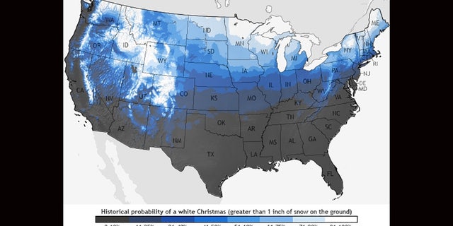 A historical probability map of seeing a white Christmas in the contiguous United States, using data from 1981-2010.