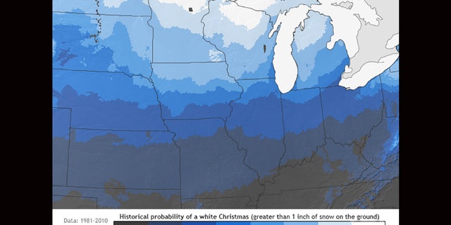 The probability of seeing a white Christmas in the Midwest, as seen in this map from NOAA.