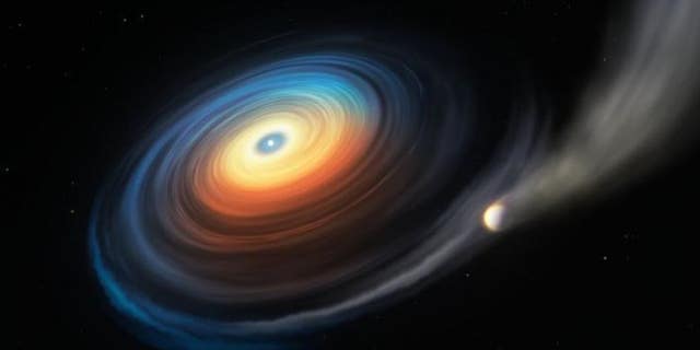 This illustration shows the white dwarf WDJ0914+1914 and its Neptune-like exoplanet.