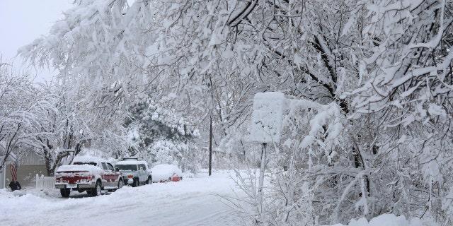 Street signs are covered in snow in north Flagstaff, Ariz., Friday, Nov. 29, 2019.