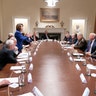 Speaker of the House, Nancy Pelosi gestures at President Trump during a meeting to discuss the withdrawal of U.S. forces from Syria at the White House in Washington, October 16, 2019.